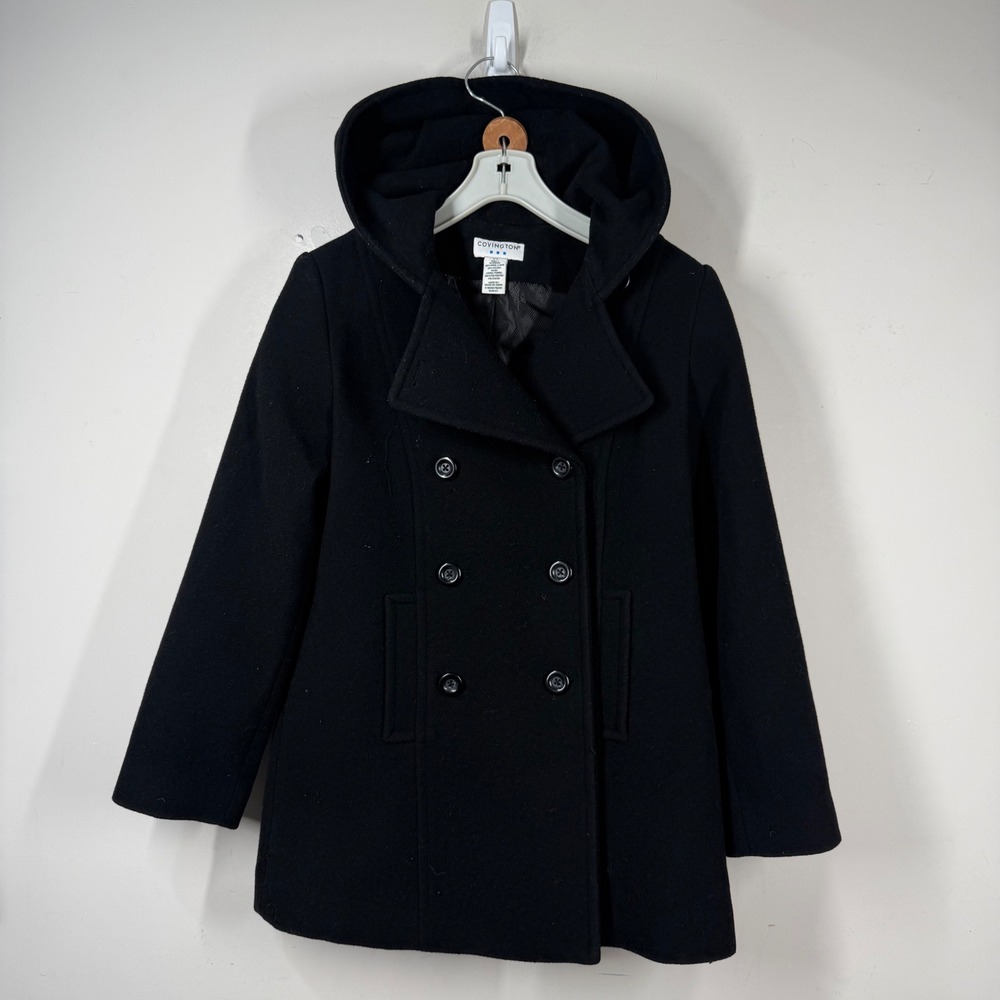 Covington Womens Black Wool Blend Hooded Pea Coat Jacket Small Double Breasted